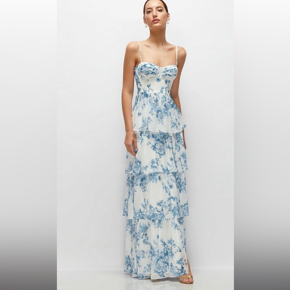 LIGHT BLUE BUSTIER-STYLE CHIFFON TIERED RUFFLE MAXI